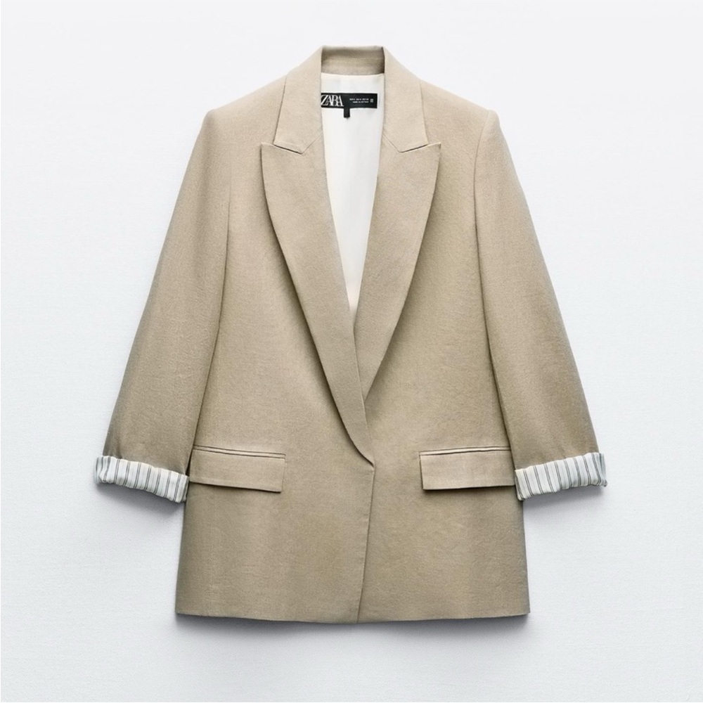 Zara Linen Blend Roll Up Sleeve Open Front Blazer in size M